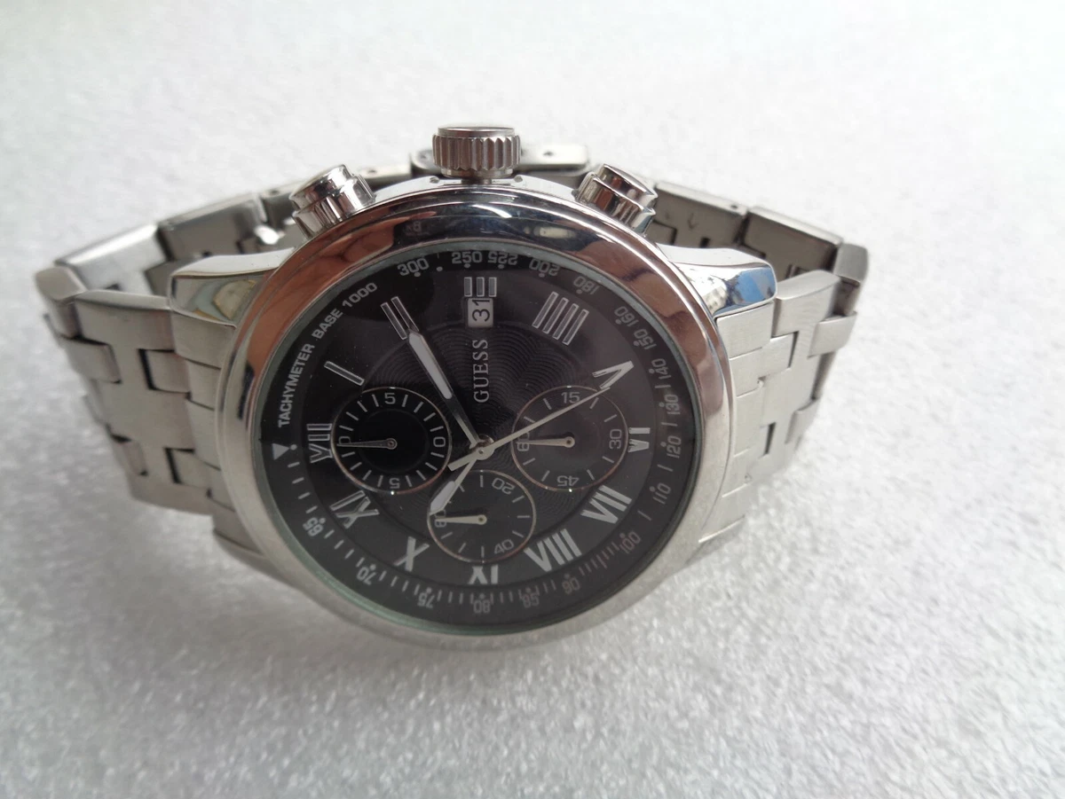 RARE GUESS SS BLACK ROMAN DIAL BIG FACE QUARTZ CHRONOGRAPH MEN S