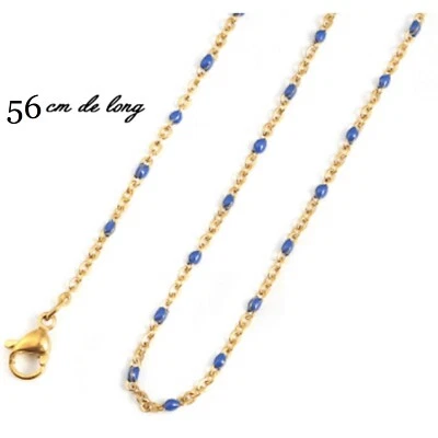 Collier,chaîne très fine femme mini perle émail Bleu Acier Inoxyda. 56cm - Photo 1/4