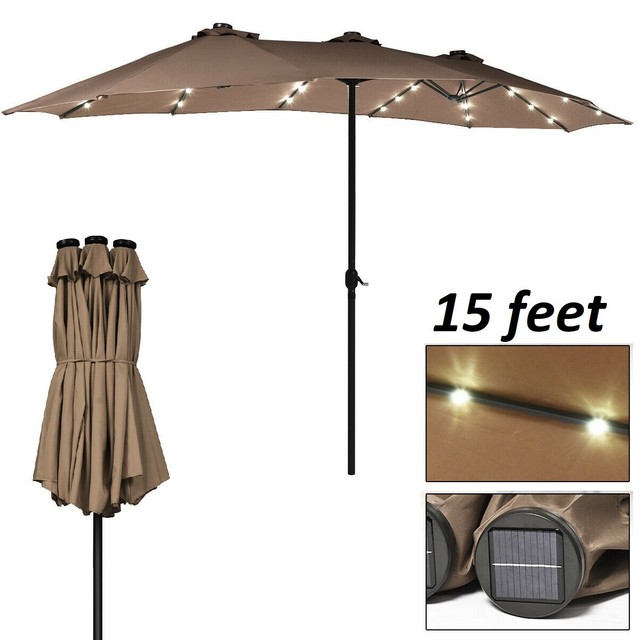 Solar Powered Lighted Market Patio Umbrella Outdoor Canopy Crank Lift System For Sale Online Ebay