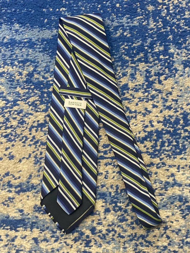Gravata Barneys New York azul marinho verde branco listras seda algodão feita à mão - Imagem 3 de 4