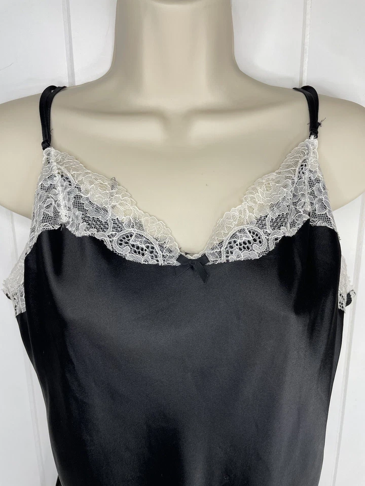 Vtg Victoria's Secret Black Satin Slip Dress Lingerie White Lace Trim Slit Large - Image 3 of 4