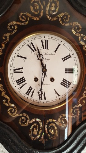 Uhr, alte, franz. Wanduhr etwa von 1850, Ochsenauge, Oeil de Boeuf, mit Perlmut, - Bild 3 von 12