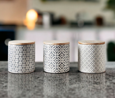 Set Of Ceramic Tea Coffee Sugar Canisters Jars Geo Embossed