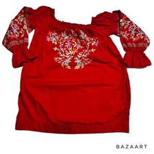 SMALL Free People Fleur Du Jour Embroidered Boho Off The Shoulder Red Mini Dress
