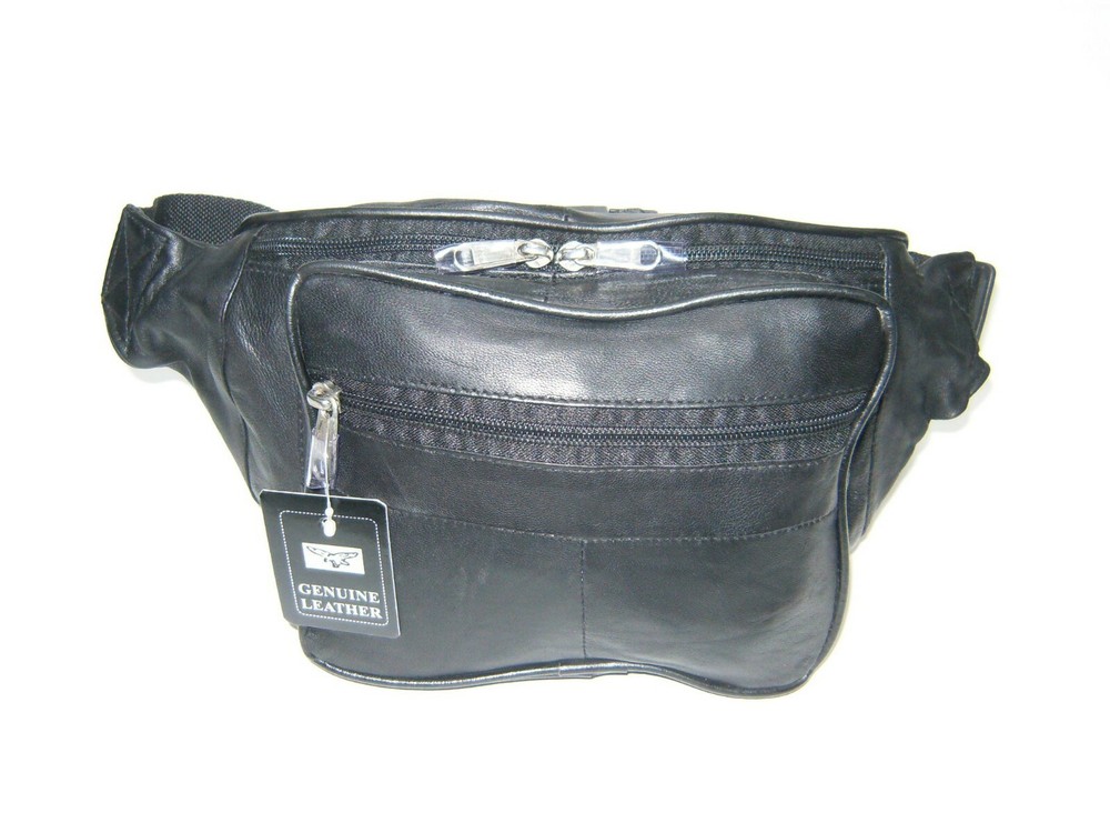 Black Lambskin Leather FANNY PACK Waist Belt Bag Large 12