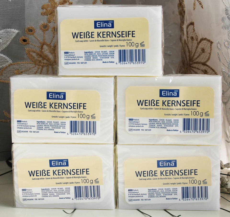 JEANS PRODUCTS 5x100g Elina Haushaltsseife weiße Kernseife Waschseife Seife Curd Soap white