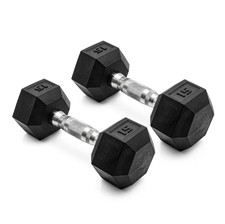 Barbell 15 lb Rubber Hex Dumbbells Pair, No-Roll Design, Steel Handles