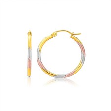 14k Tri-Color Textured Hoop Earrings 2x22mm 