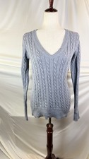 Eddie Bauer Women s Gray Solid Cable-Knit V-Neck Pullover Sweater Cotton M
