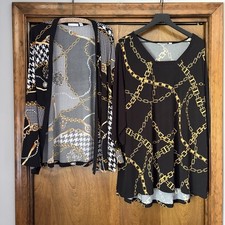 Susan Graver 2 Piece 2X Blouse Cardigan Black Gold Chain Liquid Knit Womans QVC
