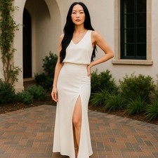 White Wedding Dress Size 6 With Open Slit V Neckline And New Dress