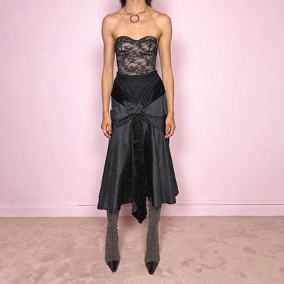 Vintage Schwarz Midi Rock Avantgarde Drapiert Samt Party Goth 90er Y2K Gr. S - Bild 1 von 4