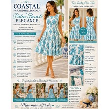Coastal Grandmillennial Palm Beach Aqua Damask Fit Flare Dress NWT 12