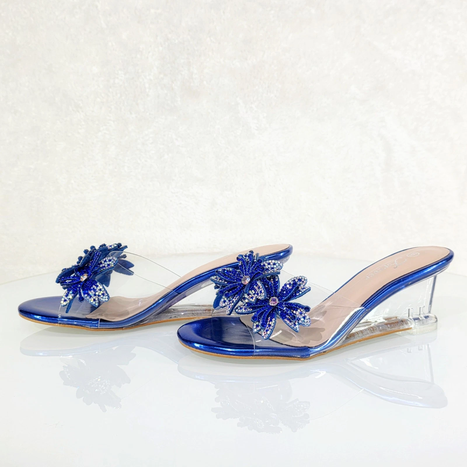 Eva Rhinestone Flower Blue Slip On 2.5" Wedge Heel Casual Evening Party Shoes