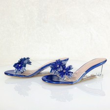 Eva Rhinestone Flower Blue Slip On 2.5" Wedge Heel Casual Evening Party Shoes