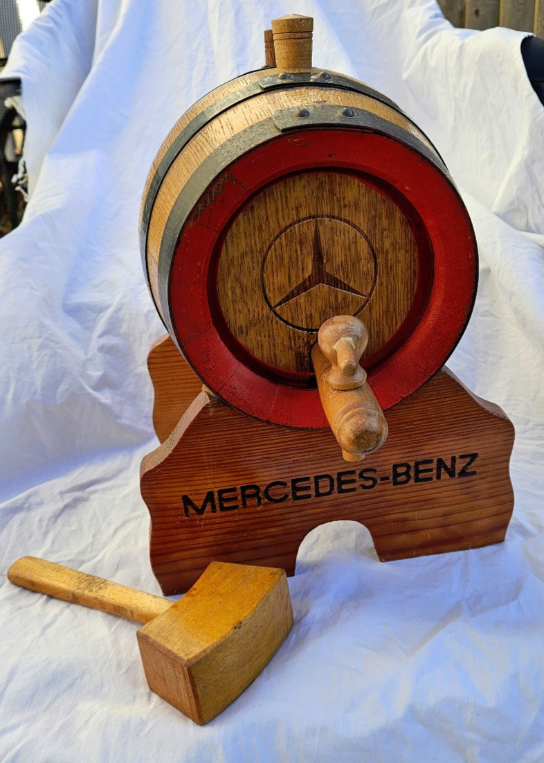 Mercedes Benz Wood Keg Barrel 9 Inches Long with Tap and Cradle On It N!CE