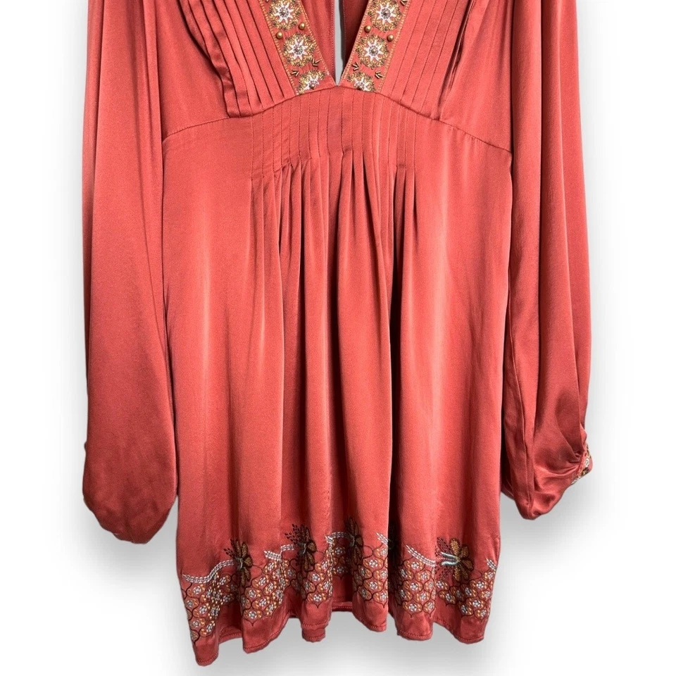 La ROK 100% 真丝刺绣深 V 码布卢森袖迷你连衣裙女式 S 码 — 第 4/4 张图片