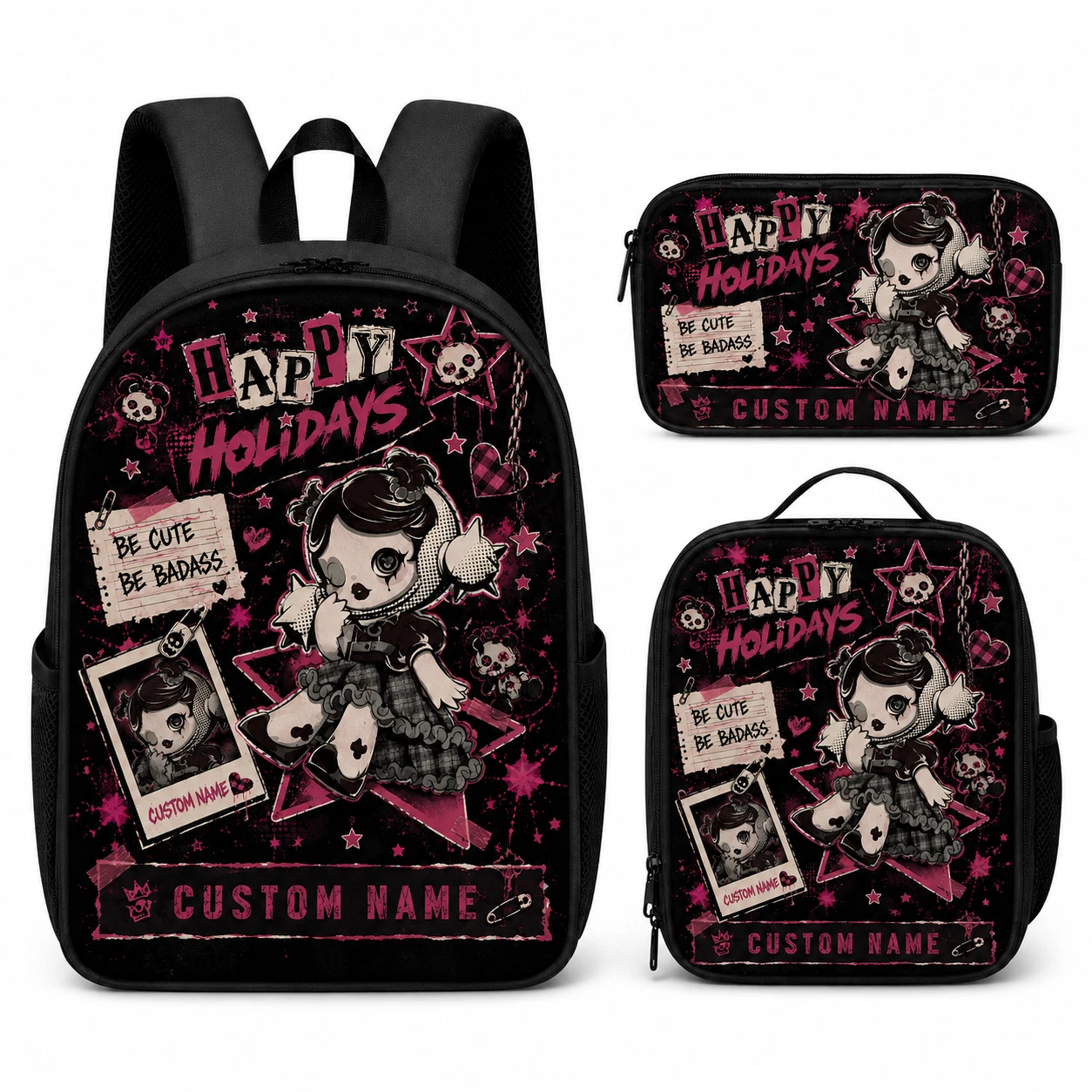 Personalized Dark Y2K Punk Girl Backpack 3 Pcs Set Custom Name School Bag
