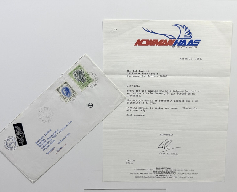 CARL HASS Signed PERSONAL LETTER INDY Car Race Car Driver to BOB LAYCOCK