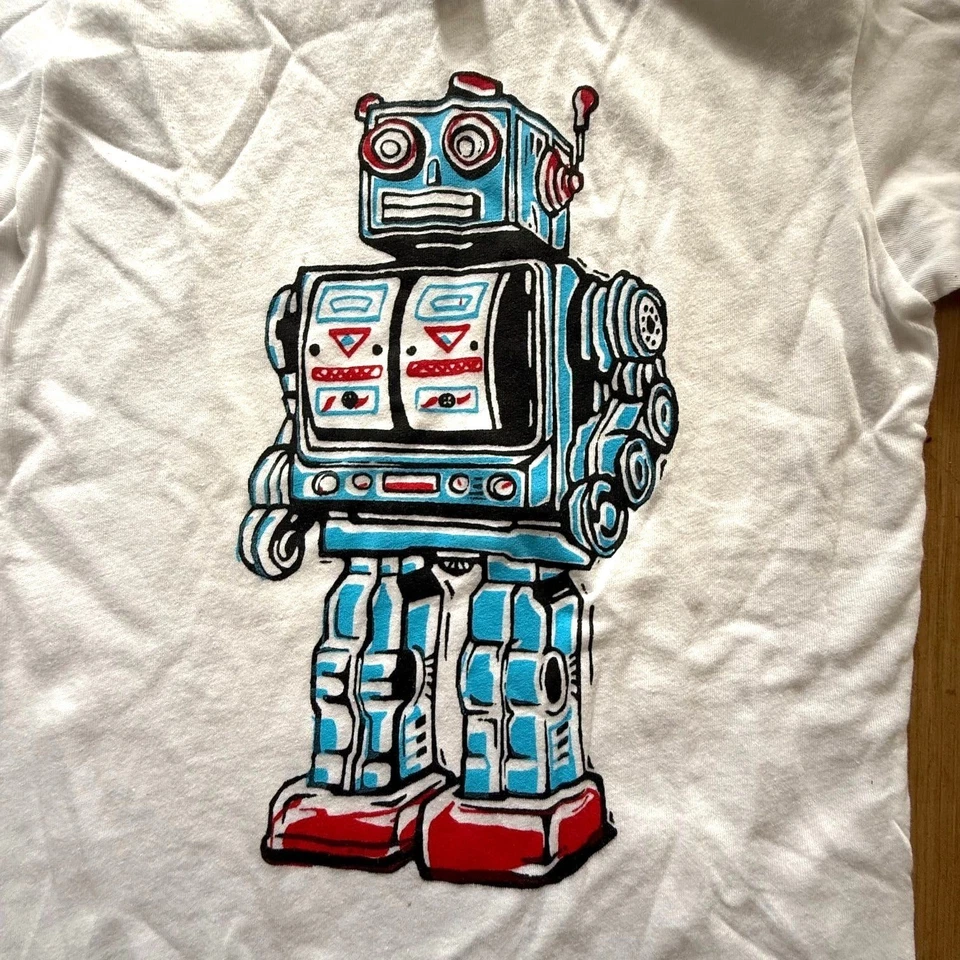 Kids White T-Shirt With Retro Robot Graphic By American Apparel Size 4 Made In T - Image 2 of 3