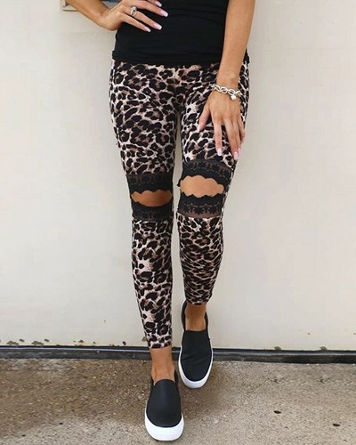 Leopard Cut Out Lace knee Leggings 