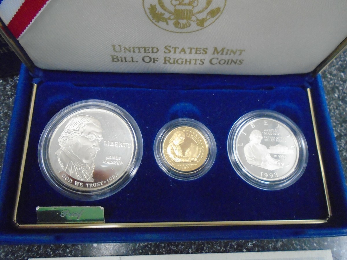 US Mint 1993 Bill Of Rights 3 Proof Coin Set w/2 Silver & 1 gold