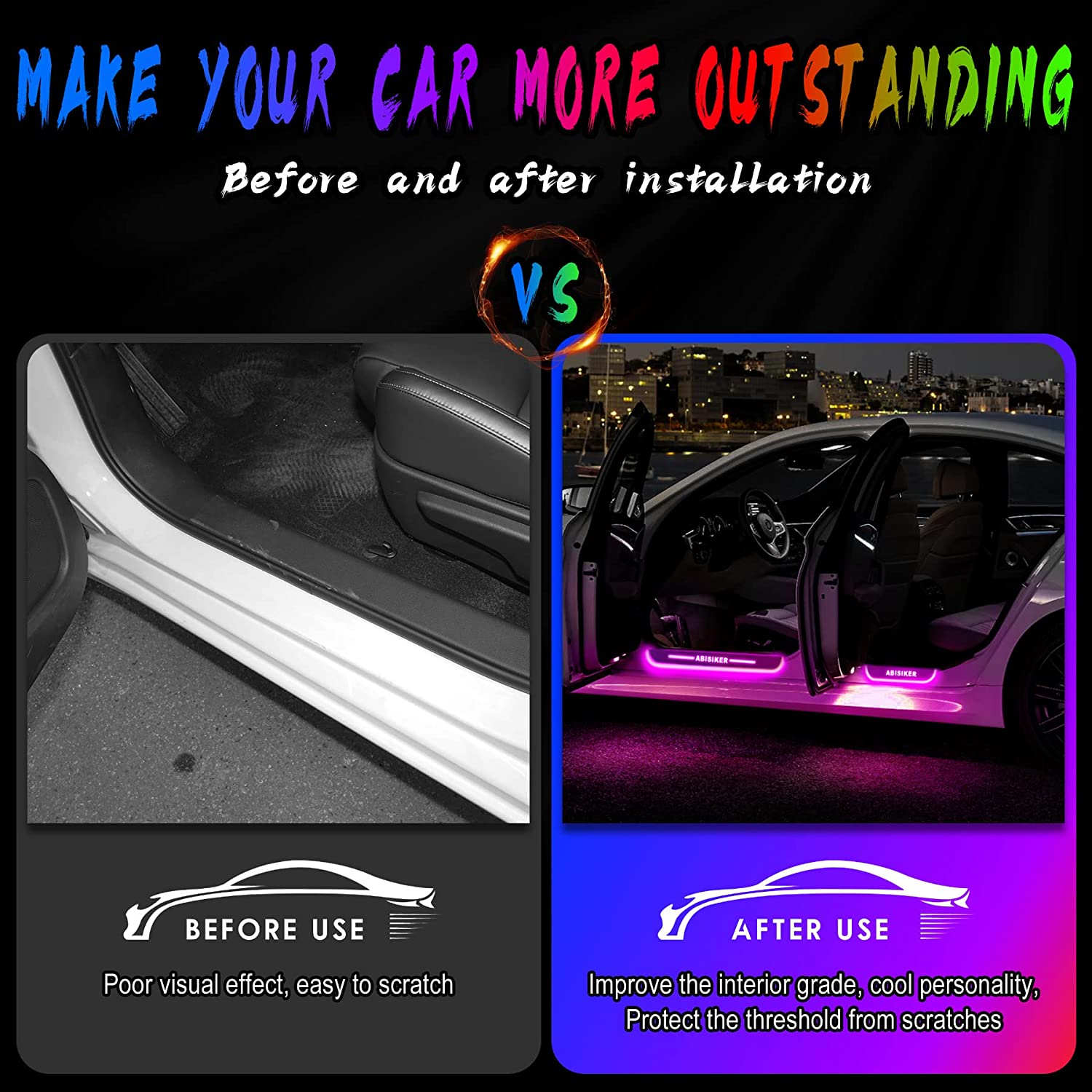 Led Door Sill Pro, 8 Color Preset Lights, Wireless Lights for Car, Auto