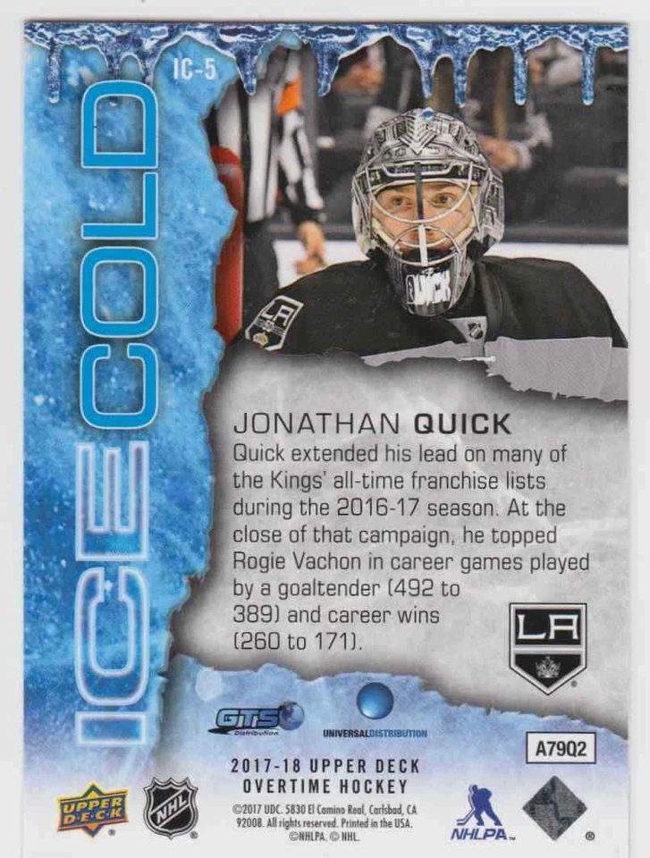 2017-18 Upper Deck Overtime Ice Cold Jonathan Quick Los Angeles Kings #IC-5 - Image 2 of 2