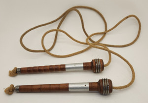 Vtg 1930s Unbranded English Jump Rope with Wooden/Metal Handles Woven Jute Rope