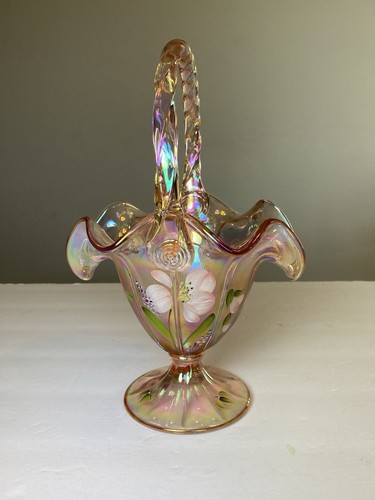 Pink Champagne Hand Painted Signed Art Uranium Carnival Glass Basket