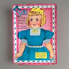 VTG  Saalfield SUE -"A-Just-Like-Me" Doll-2 ft-Original Box Six Dresses