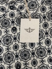 Womens Long Sleeve Button Shirt Blouse SMALL Print Stretch Cotton BLACK/WHITE