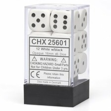 Chessex Opaque White with Black 12 Dice Set - 6 Sided - 16mm d6 Dice Block