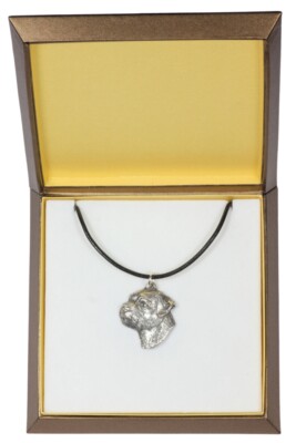 Border Terrier - Hundehalsband in Geschenkbox, versilbertes Medaillon für Hundef