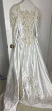 Vintage Wedding Gown White Satin Beads Lace Long Train Stains Cutter craft fanc