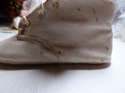 Antique 5" Kid Leather Baby Toddler Shoes White Flower cut outs-doll/Child - Picture 4 of 11