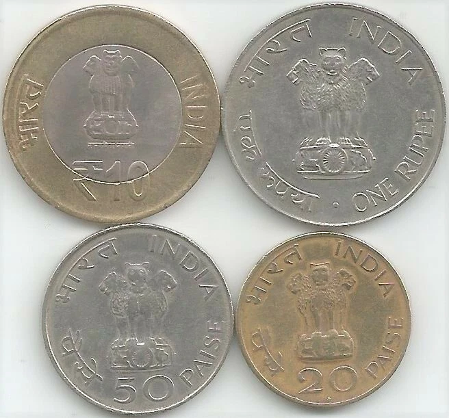 India SET of 4 Commemorative coins on Mahatma Gandhi - Rs 10, 1, Paise 50 & 20 - Image 2 of 2