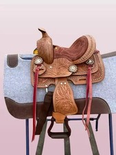8" Miniature Floral Tooled Western Horse Leather Saddle Saddle Pad Not Include .