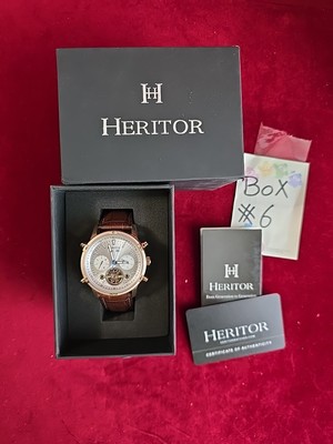 Heritor Automatic Wilhelm Semi-Skeleton Leather Watch w/Day/Date-Brown/Rose Gold