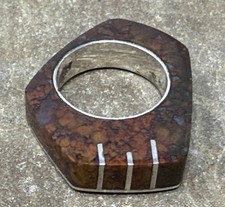 Vtg Modernist MCM Mexican Sculptural Sterling Silver Carved Stone Ring sz 4.25"