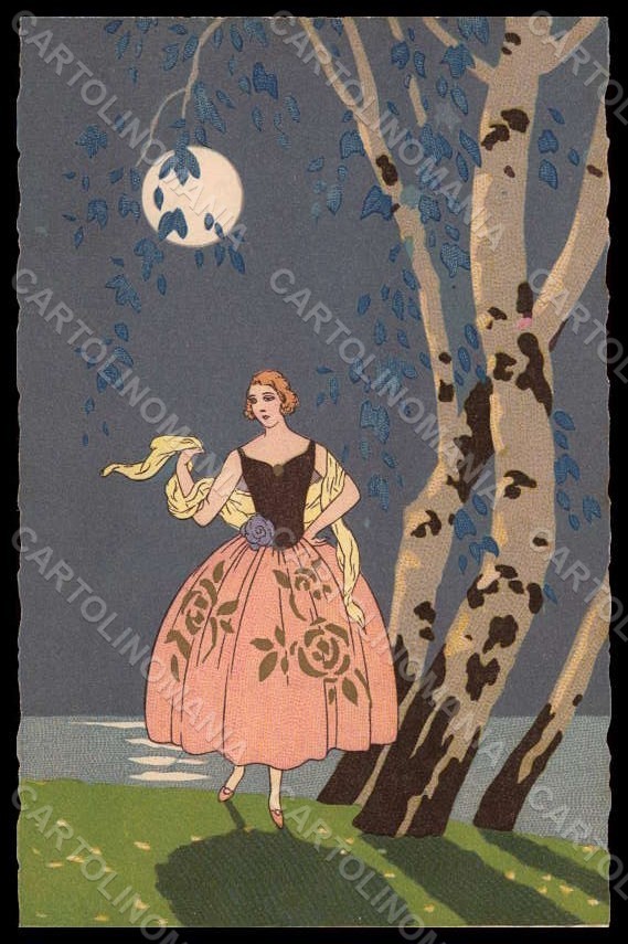 Artista firmato Meschini Lady carta luna art deco serie 2196 pz VK7639