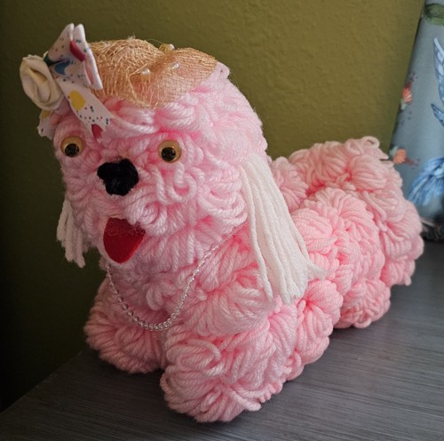 Vintage Pink Poodle Yarn Doll, Handmade Dog, Crochet Toy, Kitschy Playful Pooch!
