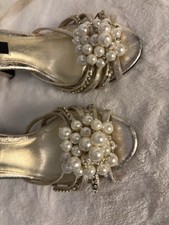 Nina Gold Rhinestone Strappy Heels Sz 7M Sandals Prom Wedding Formal Shoes