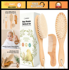 Gentle Baby Hair Brush Set - Soft Goat Bristle Wooden Comb for Newborns, Cradl