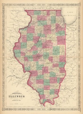 Johnsons Illinois. US State Karte zeigt Grafschaften 1866 alte antike Karte