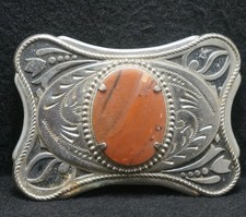 XB09174 VINTAGE 1970s ORANGE STONE FLORAL ARTWORK UNISEX FASHION BELT BUCKLE