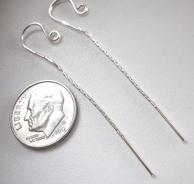 Minimalistische 925 Silber Einfädler Ohrringe mit langer Kette und schöner Hängeraktion