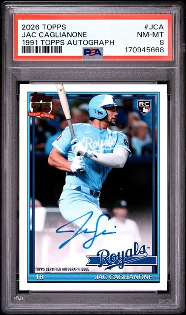 Topps 2026 Series 2 1991 Autographs Jac Caglianone RC Auto #91B2-JCA PSA 8