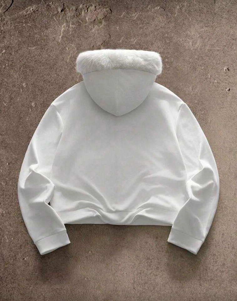 Felpa uomo bianca zip cappuccio pelliccia ESSENTIALS streetwear minimal calda co - Immagine 4 di 4