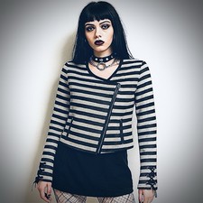 NAF NAF Striped Moto Jacket M Black Beige Asym Zip Lace Cuff Gothic Punk Mod Y2K